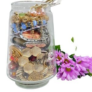 Jewelry Glass Jar Assorted Mixed Styles Necklaces Bracelets Earrings Vtg to now